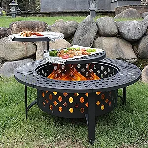 OutVue 36 Inch Fire Pit with 2 Grills, Wood Burning Fire Pits for Outside with Lid, Poker and Round Waterproof Cover, BBQ& Outdoor Firepit & Round Metal Table 3 in 1 f