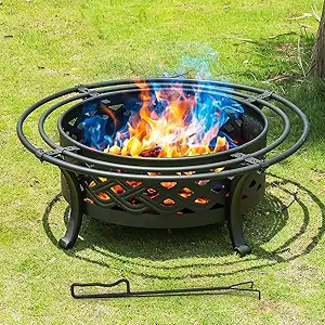 Panovue 36 Inch Fire Pit with 2 Loops,Crossweave Wood Burning Fire Pits for Outside,with Spark Screen,Fire Poker,Round Outdoor Firepit for Patio,Yard,Garden,Camping,Bo