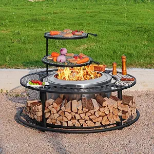 50 Inch Fire Pit Surround Tabletop for Smokeless Fire Pit, Outdoor Surround Table with 2 Grill Grates and Firewood Storage Shelf, Protective Barrier for Safety & Extra