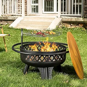 Panovue 32 Inch Outdoor Fire Pit with Grill, Wood Burning Firepit for Outside with Lid/Fire Poker, Metal Round Fire Pit Table for Patio Backyard Garden Bonfire Party :