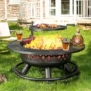 Panovue 36 Inch Fire Pit with Grill,Wood Burning Fire Pits for Outside with Lid& Fire Poker,Round Metal Firepit Table 3 in 1 with Cooking Grate,Outdoor Firepits for Ya