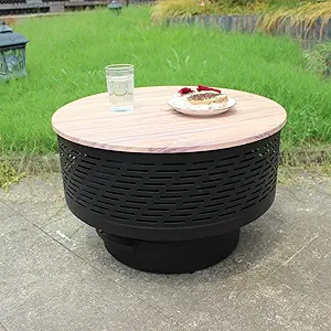 OutVue 26" Wood Burning Fire Pits with Grill & Lid, Fire Pit Table for Outside with Waterproof Cover & Fire Poker, Outdoor Firepit with Functions for BBQ,Table and Bon
