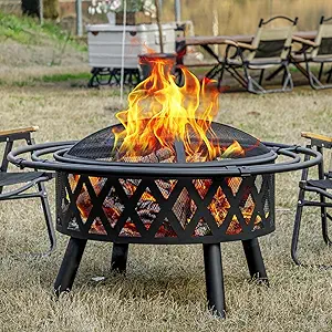 EcoNook 36 Inch Wood Burning Fire Pit with 2 Loops, Outdoor Fire Pit with Spark Screen & Fire Poker, Cross Weave Firepit for Outside Fireplace Bonfire for Yard,Patio,