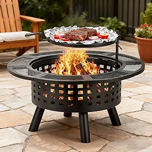 Verdeluxe 36 inch Outdoor Fire Pit with Grill,Wood Burning Fire Pits for Outside with Lid & Fire Poker,Metal 3-in-1 Firepit Table with Cooking Grate,Outdoor Firepit fo