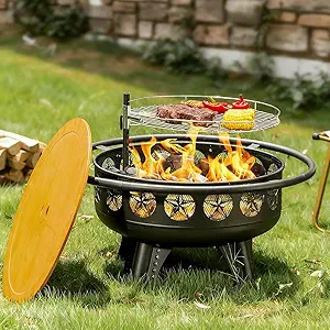 Verdeluxe 32 Inch Fire Pit with Swivel Cooking Grate,3-in-1 Wood Burning Firepit with Grill,Outdoor Fire Pits Table with Metal Lid and Poker for Outside Patio Backyard
