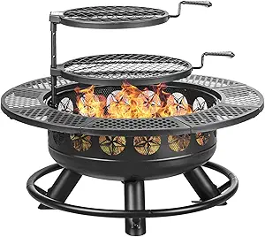 36 Inch Fire Pit with 2 Cooking Grills,Outdoor Wood Burning BBQ Firepit with Lid, 3-in-1 Outdoor Fire Pit for Backyard Deck Bonfire Patio Picnic(Black) : Patio, Lawn &