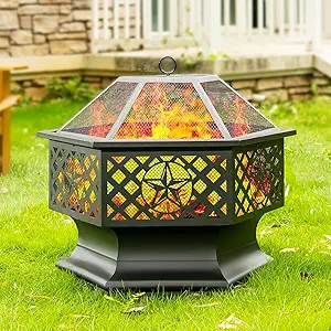 Panovue 28 Inch Hex-Shaped Fire Pit,Wood Burning Fire Pits for Outside with Spark Screen&Poker,Metal Hexagon Outdoor Firepit for Backyard,Bonfire,Patio,Party,Garden,Pi