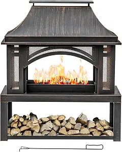 39" Fire Pits with Wood Storage for Outside, Large Wood Burning Outdoor Fireplace with Chimney, Mesh Spark Screen & Fire Poker, Idea for Backyard, Patio, Party, Camping