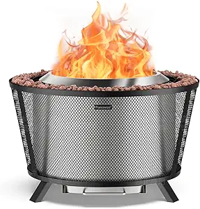 Panovue 29” Large Capacity Smokeless Fire Pit for Outside,Heavy‑Duty Wood Burning Firepit with Dual‑Wall Design, Mesh Shield, Pull‑Out Ash Pan, Stylish Patio for Backy