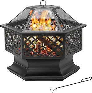 Panovue 33 Inch Outdoor Fire Pit, Hexagon Shaped Wood Burning Fire pits for Outside, Metal Firepit with Fire Poker&Mesh Cover for Bonfire, Patio, Yard, Garden,Beach an
