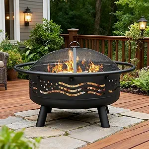 Breezz 32 Inch American Flag Fire Pit with Mesh Cover & Poker, Round Metal Wood Burning Outdoor Firepit for Patio, Garden, Backyard, Bonfire, Ideal for 4th of July, Me