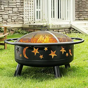 32" Round Wood Burning Fire Pit with Mesh Cover, Fire Poker, Star & Moon Cutouts, Metal Outdoor Firepit for Patio, Backyard, Garden, Bonfire, Camping, Christmas, Thank