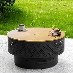 OutVue 26" Wood Burning Fire Pits with Grill & Lid, Fire Pit Table for Outside with Waterproof Cover & Fire Poker, Outdoor Firepit with Functions for BBQ,Table and Bon