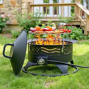 Panovue 24 Inch Portable Propane Fire Pit with Grill, 60000 BTU Outdoor Gas Firepit with Lava Rocks & Adjustable Flame, Smokeless Gas Firebowl for Backyard, Camping &
