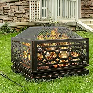 Florise Outdoor Fire Pit, 26 Inch Wood Burning Firepit for Outside with Mesh Cover & Fire Poker, Large Square Metal Fireplace for Patio, Backyard, Garden, Bonfire Part
