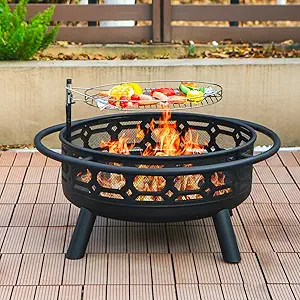 Florise 36 Inch Fire Pit, Outdoor Wood Burning Firepit with Removable Grill & Poker, Heavy Duty Metal Round Fireplace,2 in 1 Large Bonfire for Outside,BBQ,Yard,Patio :