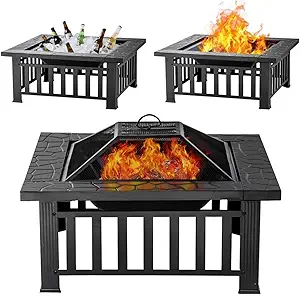 Panovue Fire Pit Table 32 Inch Square Metal Stove for Patio, Backyard, Garden | Multifunctional Outdoor Fireplace for Camping, Heating, Bonfire & Picnic : Patio, Lawn